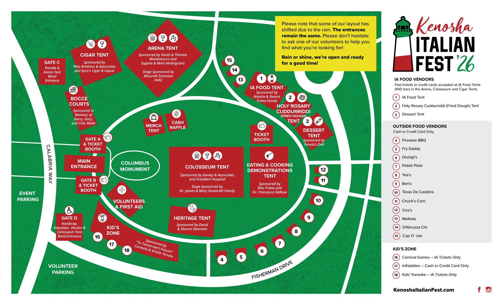 Kenosha Italian Fest 2026 festival map showing Gates A, B, C and D, ticket booths, the Arena and Colosseum Tents, IA Food Tent, Dessert Tent, Eating and Cooking Demonstrations Tent, Heritage Tent, Cigar Tent, bocce courts, Kid’s Zone, merch tent, cash raffle booth and outside food vendors
